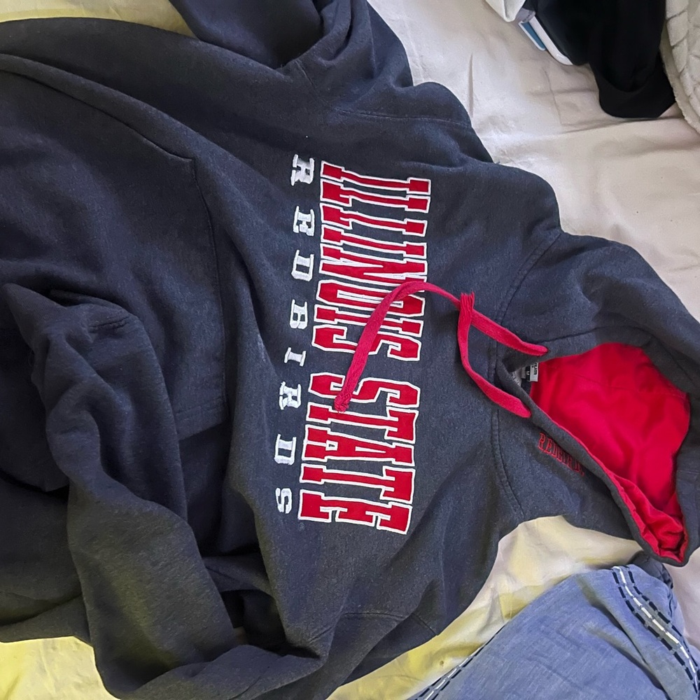 Navy and red hoodie with a small mark on the front #hoodies